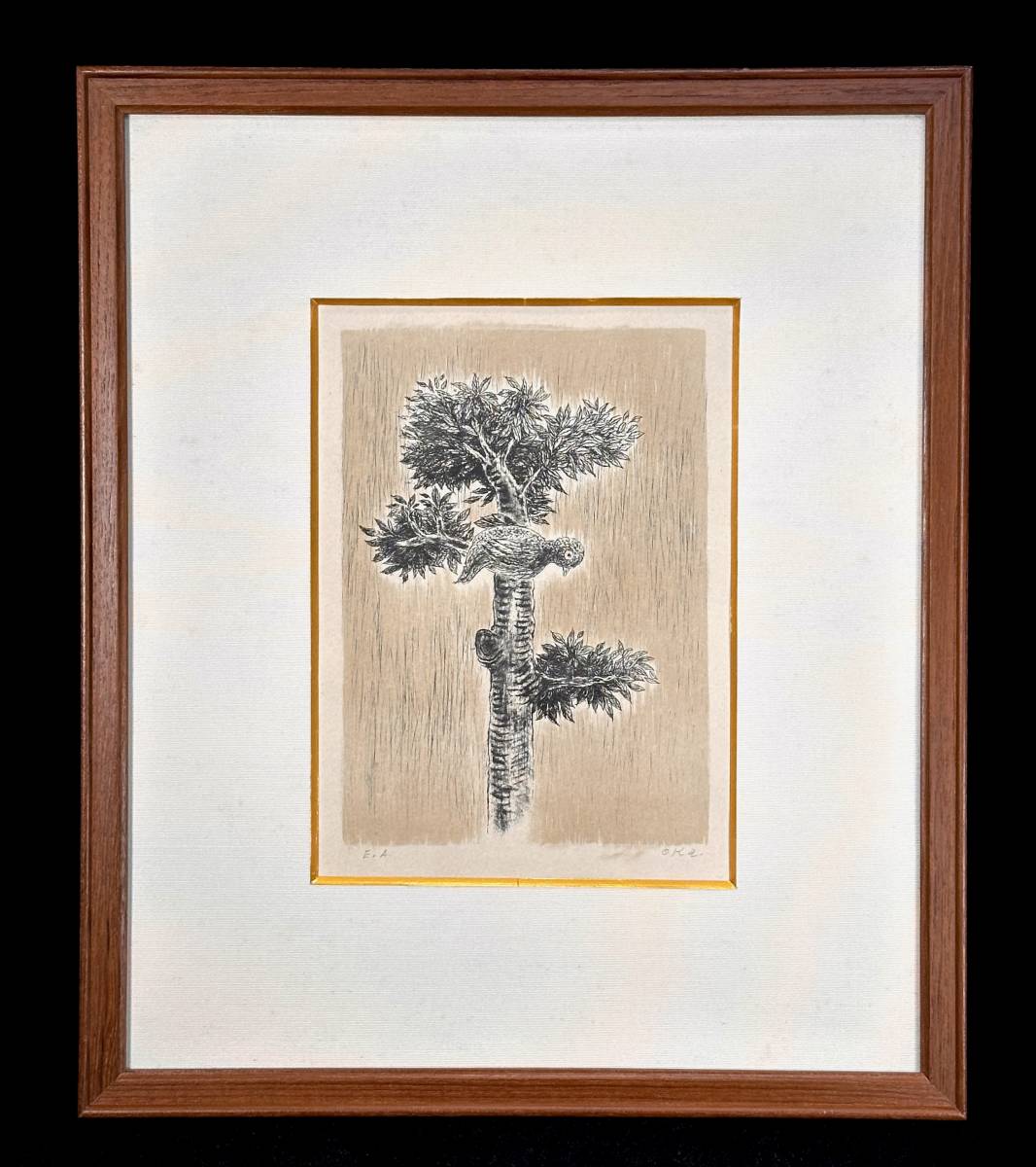[Genuine] Oka Shikanosuke Birds on a Tree Lithograph for artist preservation EA Painting Signed by the artist Art Framed Width 36cm Height 42.5cm, Artwork, Prints, Lithography, Lithograph