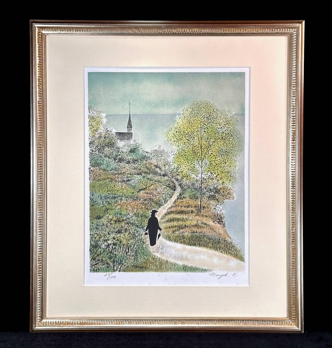 [Authentique] Chemin Kazuo Nanjo avec vue sur la mer Peinture de paysage Lithographie 29/100 Peinture signée Art Encadré Largeur 55 cm Hauteur 63 cm, Ouvrages d'art, Impressions, Lithographie, Lithographier