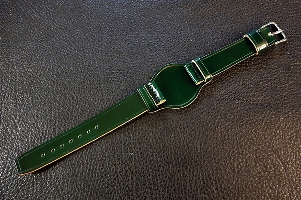 ◆台座付VINTAGE BELT◆高品質国産コードバン カスタムオーダー(台座サイズ/バックルカラー) 18mm ANTIQUE GREEN 受注生産 腕時計ベルト