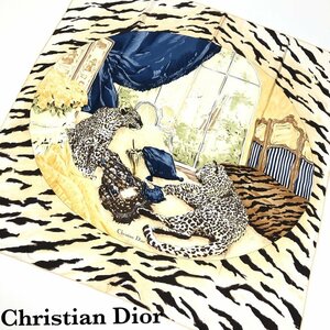 美品 Christian Dior クリスチャン ディオール 大判 シルク スカーフ レオパード 茶/ブラウン アニマル ヒョウ ツイリー 正規品 最落無