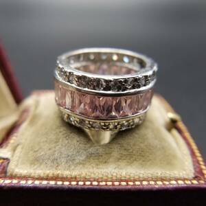 CZ pink clear square Stone Eternity band gorgeous on goods 925 Vintage silver ring ring jewelry import Y13-E