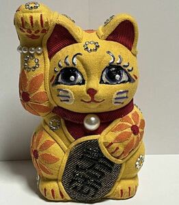 デニムまねき猫 招き猫　陶器　ラインストーン　手作り　一品物　カスタム　アート　置物　ラッキーキャット　