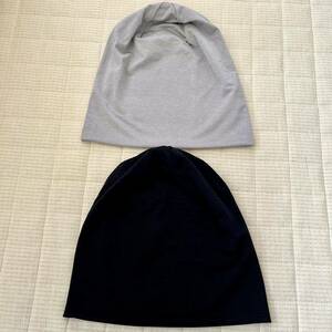 ☆ニット帽 ニットキャップ 医療用帽子 おしゃれ帽子 帽子☆美品☆春夏秋用 冷感素材 数汗速乾☆男女兼用☆黒 グレー 2枚セット☆無地