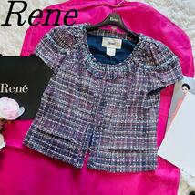 【美品】Rene ツイードジャケット 半袖 38 ネイビー ピンク ルネ L_画像1