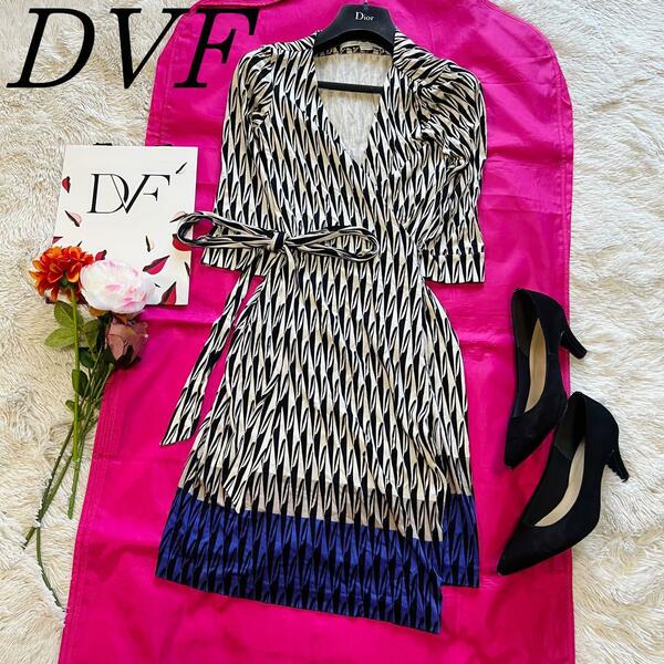 【良品】DIANEvonFURSTENBERG 総柄ラップワンピース シルク 0 ダイアンフォンファステンバーグ S カシュクール Ｖネック DVF 七分袖