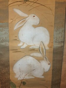 Art hand Auction [Authentic Work] Hoshino Soga Hanging Scroll Rabbit Handwritten Silk Animal Painting Cute Rabbit Artist: Seiho Takeuchi Japanese Painter Painting Kyoto Founded the Japan Haiga Association Otsu-e collector, painting, Japanese painting, flowers and birds, birds and beasts