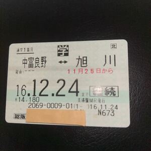 JR 北海道 美瑛駅発行　「総販」通学1箇月定期券　中富良野←→旭川