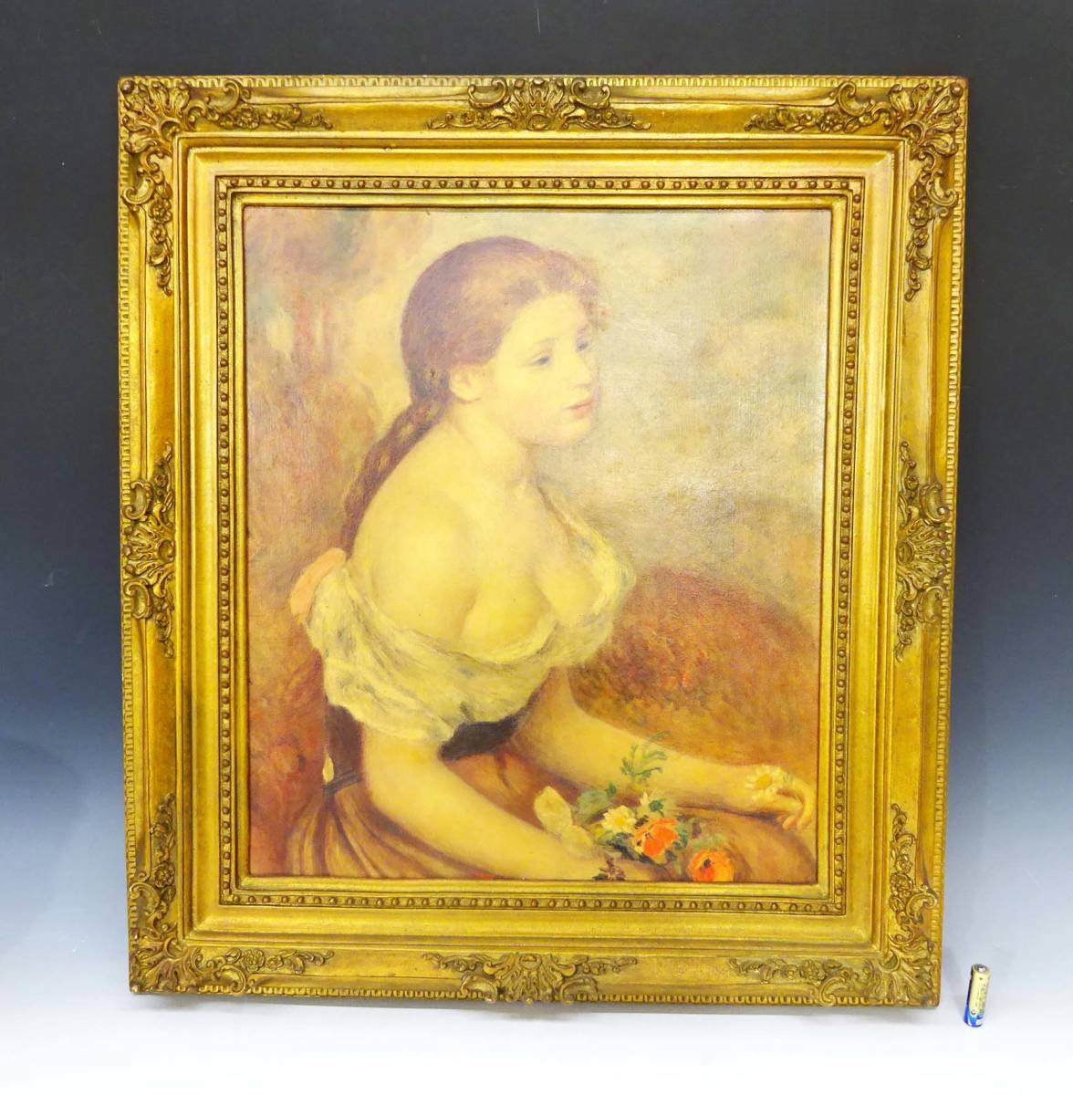 ◆(TD) ◎Reproduction painting Girl with Flowers Renoir Oil painting style Board canvas Frame: Approx. 72 x 64 x 6 cm Famous painting Replica Portrait Oil painting Painting Interior goods, Painting, Oil painting, Portraits