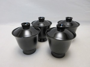 510106 【 ほぼ未使用 懐石道具 木製黒塗 箸洗 4客揃 茶器 箱無 】 検) 茶道具 茶懐石 小吸物椀 和食器 汁椀 茶事 蓋付椀 来客 漆器 ⅰ