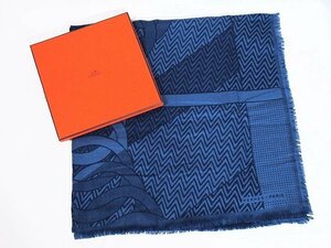 ◆SAランク 超美品◆HERMES エルメス*馬具柄*大判*ショール*カシミヤ/シルク*スカーフ*ストール*マフラー*ユニセックス*ブルー*箱付き