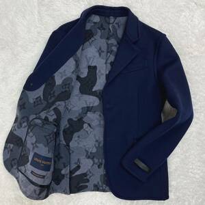 ルイヴィトン『幻の逸品』LOUIS VUITTON テーラードジャケット サイズ48 モノグラム シルク ウール ネイビー マルチカラー 紺色 総柄