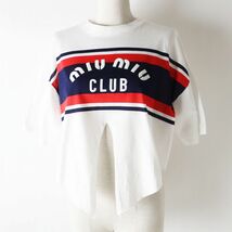 極美品◎正規品 22SS MIUMIU ミュウミュウ MJN304 ロゴプリント クロップド Ｔシャツ フロントリボン レディース 白×紺×赤 S伊製_画像4