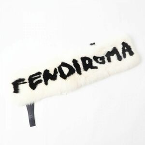 極美品◎正規品 イタリア製 FENDI フェンディ FNL121 ロゴデザイン ベルト付き フォックスファー ショール／ティペット 裏シルク 白×黒