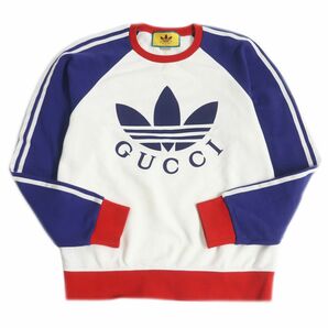 美品□GUCCI×adidas グッチ アディダス 722951 トレフォイル ロゴプリント 長袖 スウェットシャツ/トレーナー 白×赤×青 伊製 S 正規品の画像1