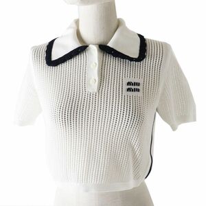  beautiful goods * regular goods made in Italy MIUMIU MiuMiu 23AW MML790 lady's cotton knitted polo-shirt with short sleeves white × navy 38 regular price 253000 jpy 