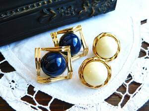  Vintage earrings 2 point set navy cream Teasgarden N8028