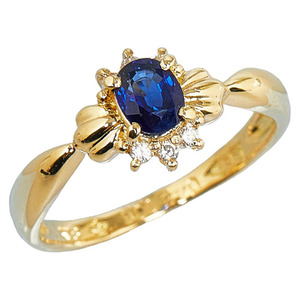 K18YG yellow gold sapphire 0.48ct diamond 0.08ct rice field middle precious metal ring ring lady's used 