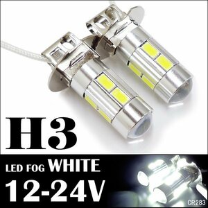 無極性 H3 LED バルブ 2個セット 白 12V/24V兼用 プロジェクターレンズ [283] メール便/23χ