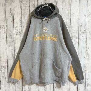 Reebok リーボック NFL STEELERS プルオーバーパーカー フーディ 2XL グレー マルチカラー US古着 刺繍ロゴ アメカジ HTK1197