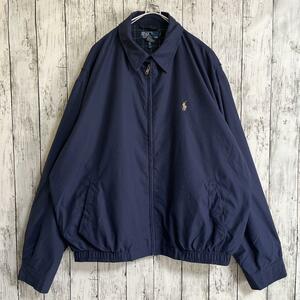 Ralph Lauren ラルフローレン スイングトップ ハリントンジャケット 2XL 紺 ネイビー ワンポイント 刺繍ポニー 裏地チェック HTK2952