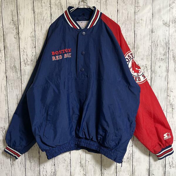 90's STARTER スターター MLB REDSOX レッドソックス ピステ ナイロンプルオーバー 2XL 紺 刺繍ロゴ 90年代ヴィンテージ 古着 HTK2958