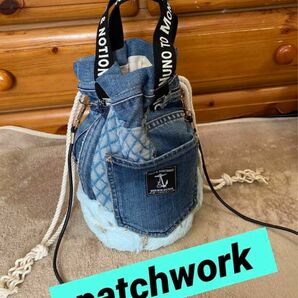 デニムリメイク ★フェザーファー&denim patchwork男前巾着トート