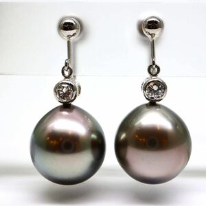 ◆Pt850 天然ダイヤモンド付き南洋黒蝶真珠イヤリング◆J 約8.0g diamond パール pearl ジュエリー earring EA4/EB0