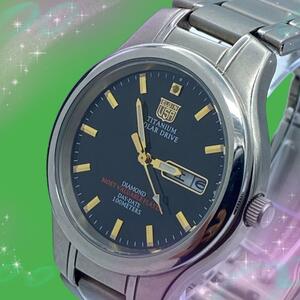 《美品　稼動品》　エルジン　ELGIN　1Pダイヤ　チタン　防水　メンズ腕時計　ソーラー　ブラック文字盤　正規ベルト　FK-1201-C
