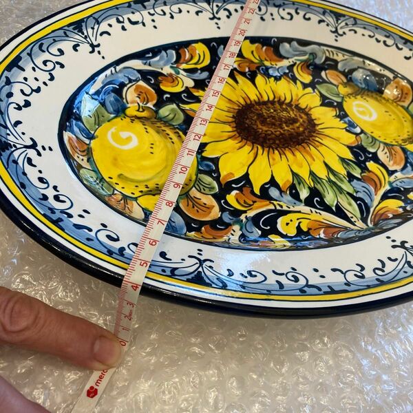 ボルジョーリ - 青い楕円形の大皿にひまわり 27cm x 37cm プレート 飾り皿 大皿 プレート 盛皿