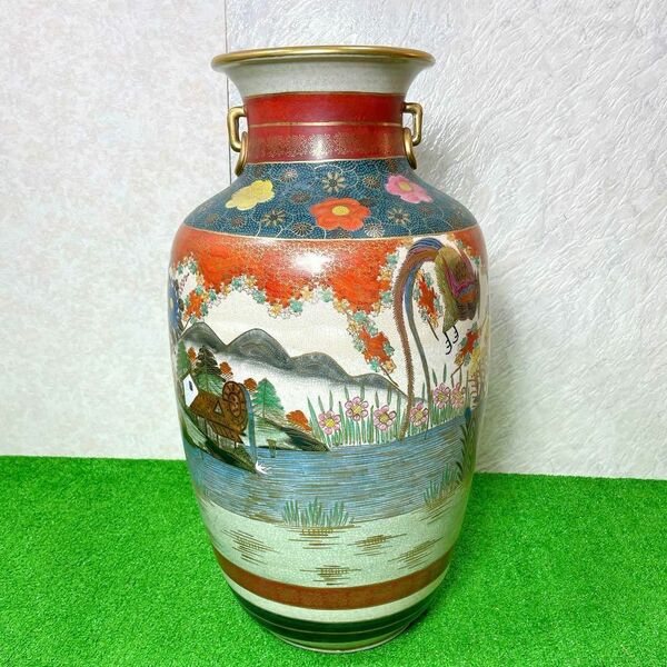 高級!骨董品 薩摩焼 大瓶 金蘭手染錦花絵図 金錦 耳付 壺 花瓶
