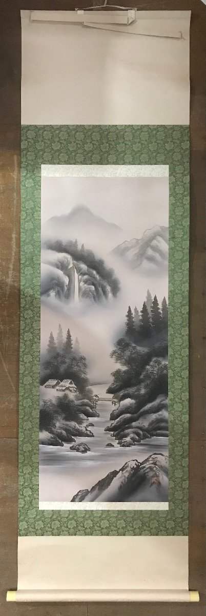 BP-642 ■Shipping included■ One leaf, ink-wash landscape, with box, silk, ink-wash painting, landscape picture, painting, hanging scroll, art work, 181cm x 58cm /Kuma, Artwork, book, hanging scroll