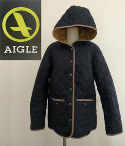 ★AIGLE/エーグル キルティング ジャケット 中綿 フーディー キルティングジャケット ネイビー:イエロー M レディース