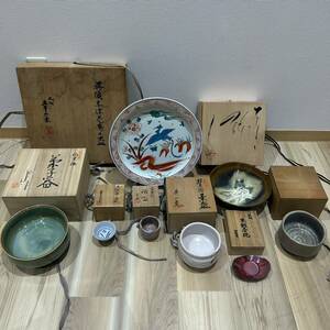 【AMT-8221a】陶器 焼物おまとめ 七代 幸兵衛 呉須赤絵 花鳥文/加藤五山 瀬戸焼 鈞窯釉/加藤仁/純銅 朱銅茶托 銅製 皿 菓子器 鉢 骨董 工芸