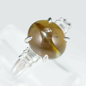 6ctアップ ハニーカラーキャッツアイxダイヤモンド プラチナ製リング クリソベリル Chrysoberyl Cat's Eye プラチナ900製 6.433 D0.38 Pt90