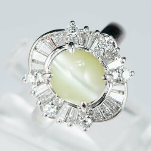 3.5ct弱 ハニーカラーキャッツアイxダイヤモンド プラチナ製リング クリソベリル Chrysoberyl Cat's Eye プラチナ900製 C3.47 D1.05 Pt900