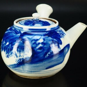 【治】時代煎茶道具　青華樹木風景画横手急須☆染付　呉須　茶注　茶瓶　煎茶道具　TF253