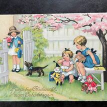アンティーク　ポストカード　1930年消印　Lia Doring リア・ドーイング　バースデー　女の子　子供　人形　犬　ドイツ　絵葉書　可愛い_画像2