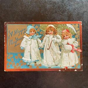 アンティーク　ポストカード　1908年消印　Ellen Andrews Raphael Tuck シリーズ　ニューイヤー　女の子　子供　雪　金彩　絵葉書