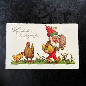 アンティーク　ポストカード　1932年消印　イースター　エッグ　ドワーフ　小人　鶏　ヒヨコ　ドイツ　絵葉書