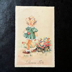 ヴィンテージ　ポストカード　1951年消印　Luce Andre アーティスト　女の子　少女　花車　フランス　絵葉書