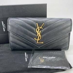 【1スタ】サンローラン SAINTLAURENT ロングフラップウォレット キャビアスキン 長財布 黒 金 箱付き 男女兼用