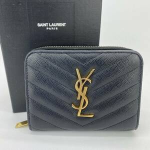 【1スタ】イヴ サンローラン SAINTLAURENT キャビアスキン 二つ折り 財布 コンパクトウォレット 黒 ブラック 金 ゴールド 箱付き