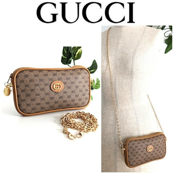 GUCCI オールドグッチ ヴィンテージ レザー 2way チェーン サコッシュ ポーチ 鞄 ポシェット ウォレット 財布 ベージュ レディース メンズ