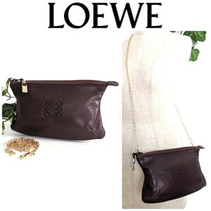  superior article Loewe 2way chain leather pochette sakoshu pouch bag clutch Mini bag body bag Brown tea color lady's men's 
