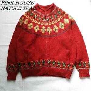 ピンクハウス　ネイチャートレイル　ヨークカーディガン　ジップアップニット　赤　オーバーサイズ　M　PINK HOUSE NATURE TRAIL 240109-01