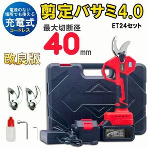 電動ハサミ 充電式 切断直径40mm 庭木/枝切り/果樹用/電線/ケーブルなど 剪定鋏 21V電池2個&替刃2セット★保証付き★