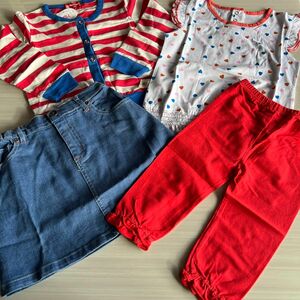 100 新品タグ付 4点セット キッズ 女の子 半袖Tシャツ 長袖カーディガン デニムスカート レギンス 姉妹お揃いコーデ