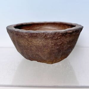 ☆ 6 萬古焼 春山 佐々岡基三 手捻り 丸鉢 盆栽鉢 箱無 W9.0cm