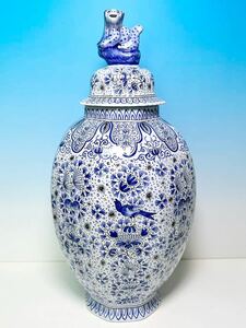 ☆名品 西洋アンティーク・ FRANCE製 Geo MARTEL ジオマルテル 手描き 花鳥図 蓋付飾り壺 H47cm HAND painted 