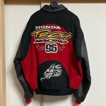 【希少】HONDA RACING ホンダレーシング ウィニングチーム SINISALO 5th DRAGON 襟袖レザー スタジャン 赤黒 Mサイズ 米国製_画像1